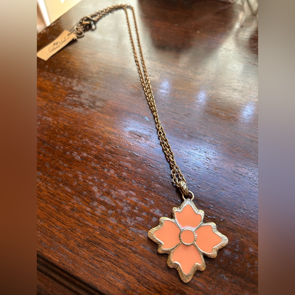 Patricia Nash Gold And Peach Flower Cross Pendant Necklace Enamel Long Nwt